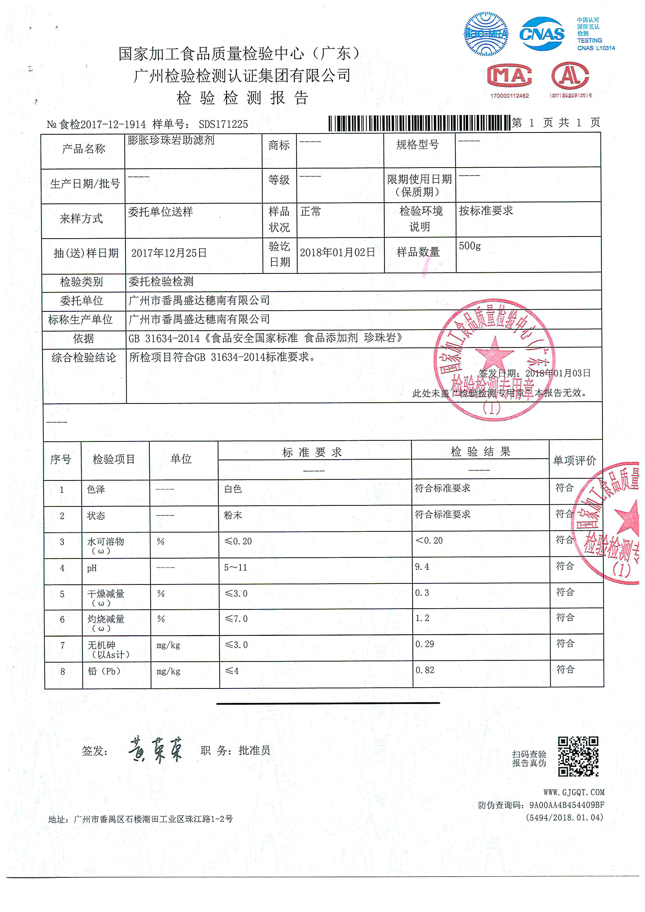 珍珠岩助滤剂检测报告